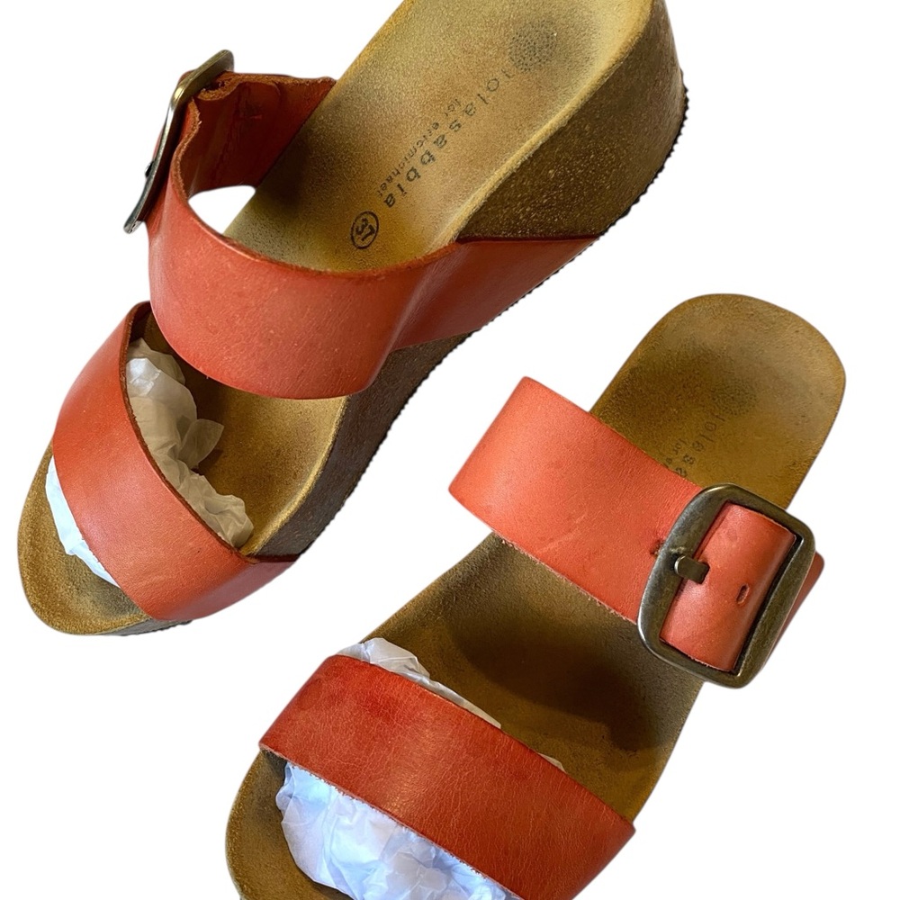 Orange Leather ERIC MICHAEL LOLA SABBIA Wedge Adjustable Sandals Sz 37 US 7